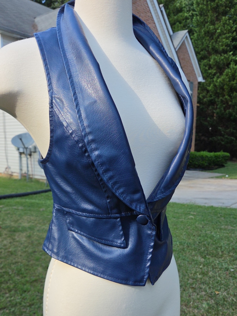 Blue Faux Leather Sleeveless Vest Jacket - Women's